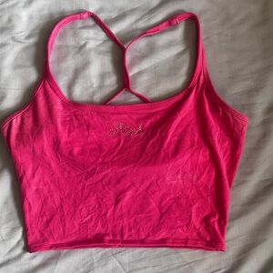 Victoria’s Secret PINK Rhinestone Logo Cami Crop Top Hot Pink Sz L Built-In Bra